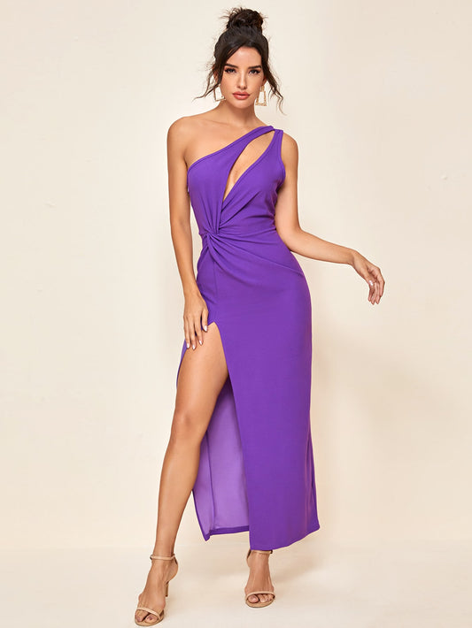 Split Thigh One Shoulder Cut Out Twist Dress