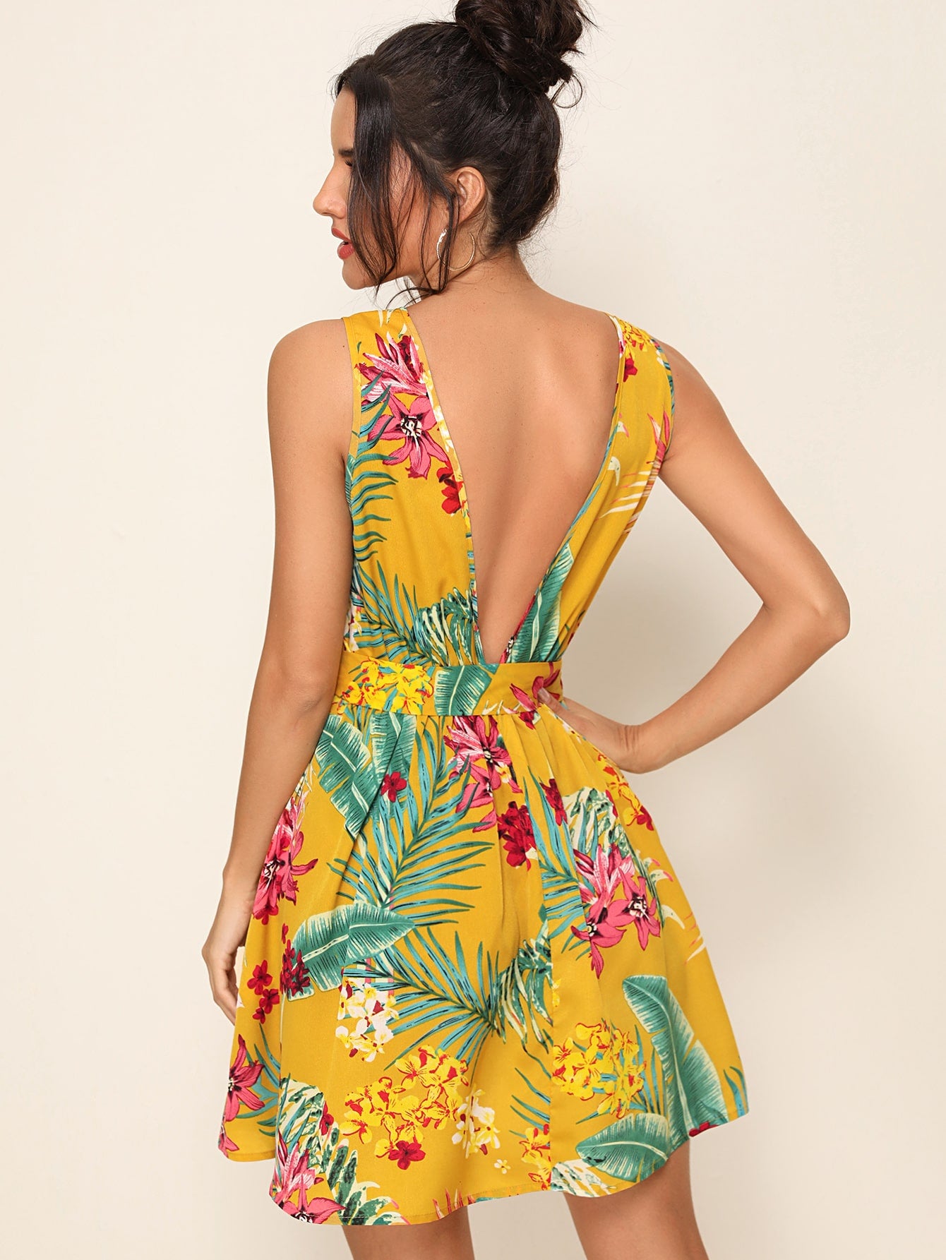 Tropical Print Low Back Self Belted Dress