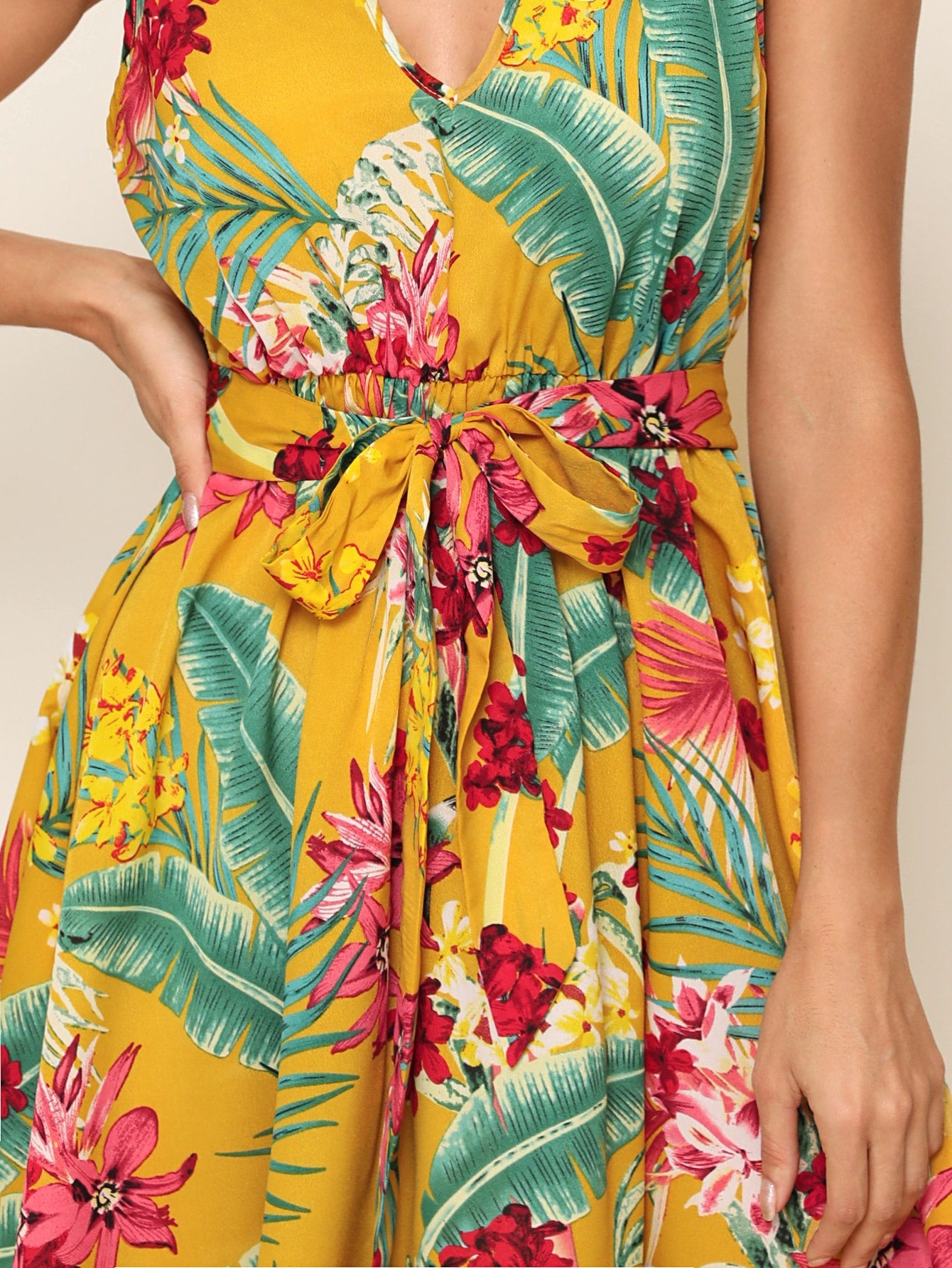 Tropical Print Low Back Self Belted Dress