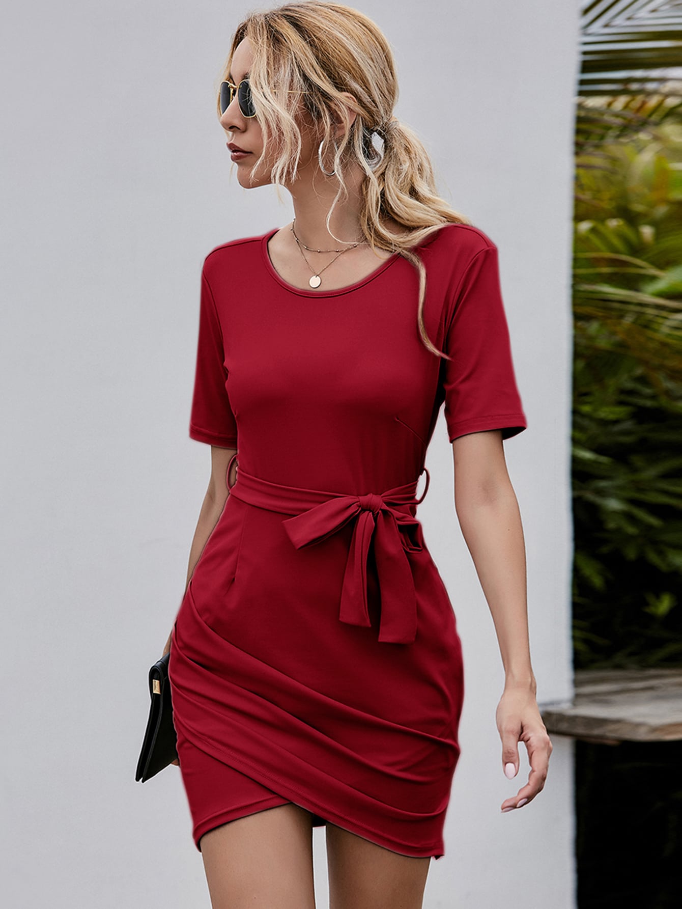 Draped Asymmetrical Hem Belted Fitted Dress