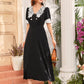 Contrast Guipure Lace Puff Sleeve V-neck Dress