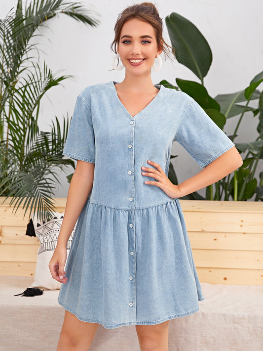Solid Button Front Denim Babydoll Dress