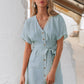 Button Front Batwing Sleeve Belted Dress