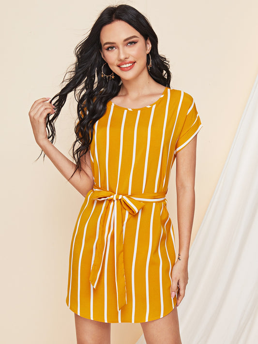 Striped Print Curved Hem Dress With Belt