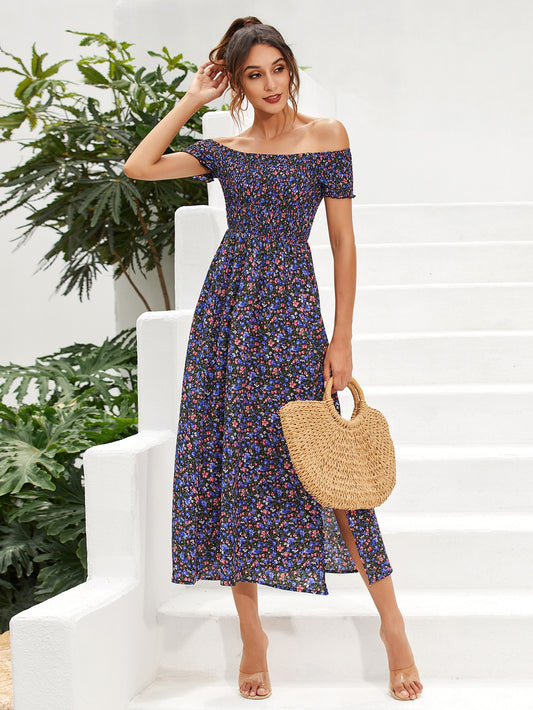 Ditsy Floral Split Thigh Bardot Dress