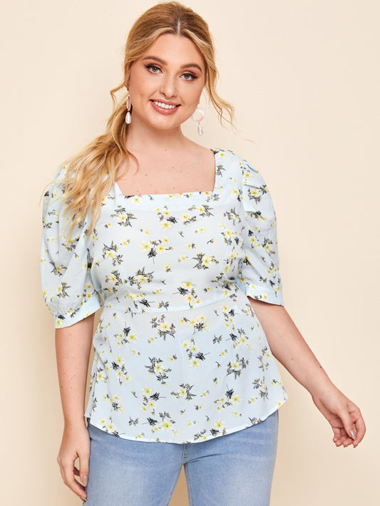 Plus Square Neck Puff Sleeve Floral Top