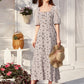 Button Front Butterfly Print Lace Panel Sleeve Dress