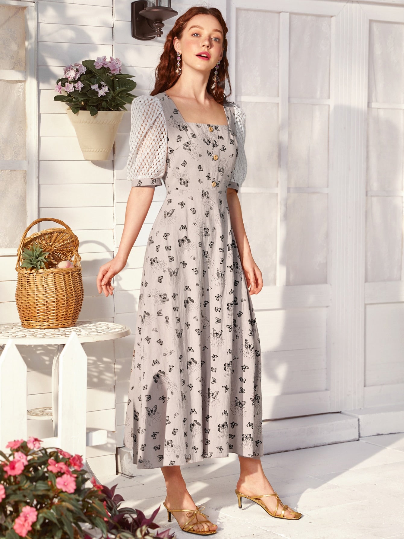 Button Front Butterfly Print Lace Panel Sleeve Dress