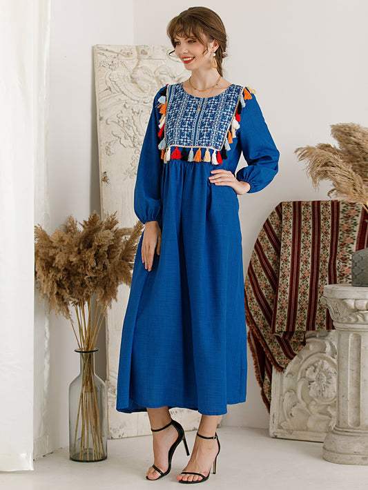 Tribal Print Fringe Trim Babydoll Dress