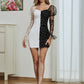 Gigot Sleeve Colorblock Allover Print Mesh Bodycon Dress