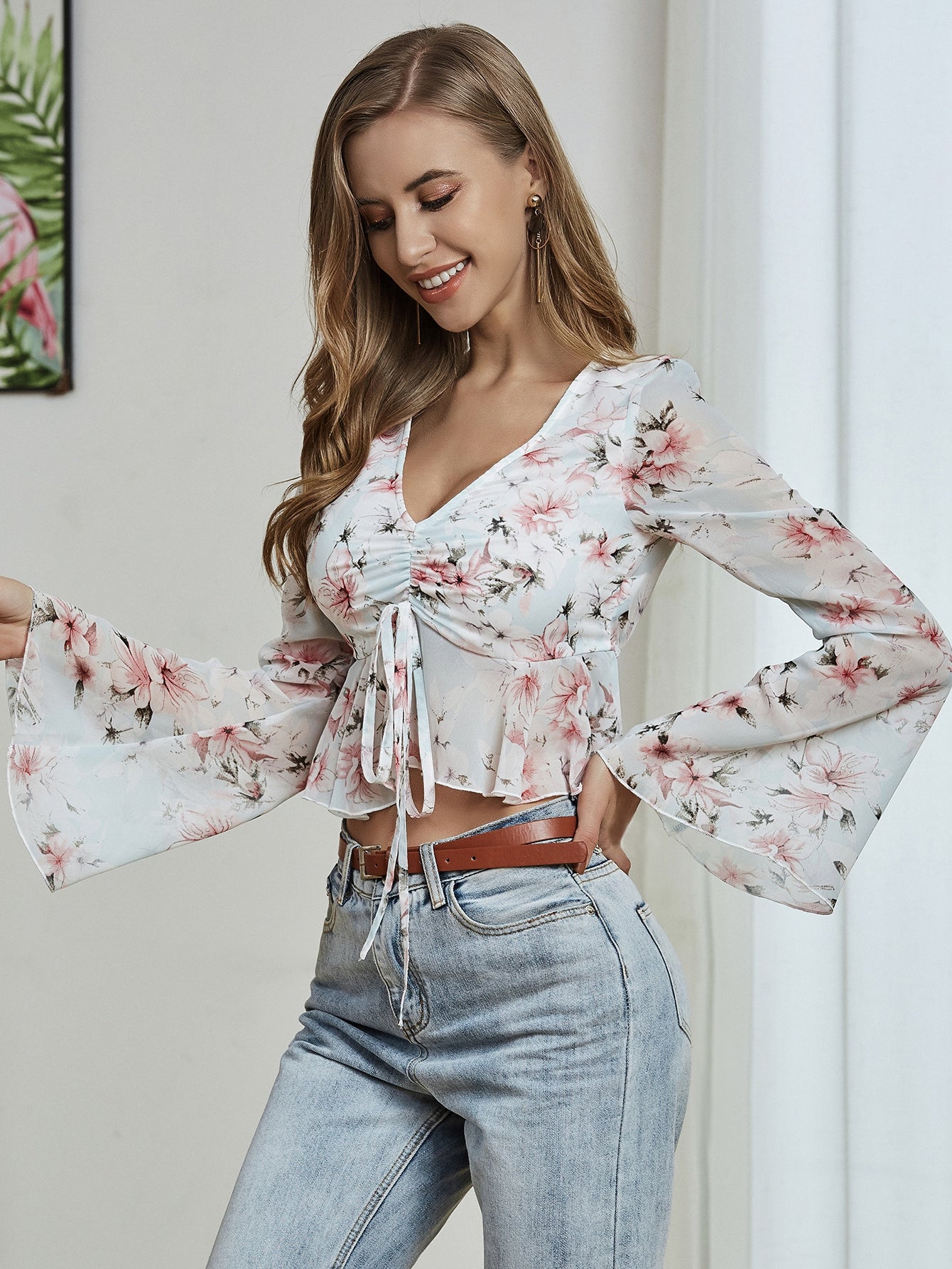 Ruched Drawstring Knot Floral Peplum Top