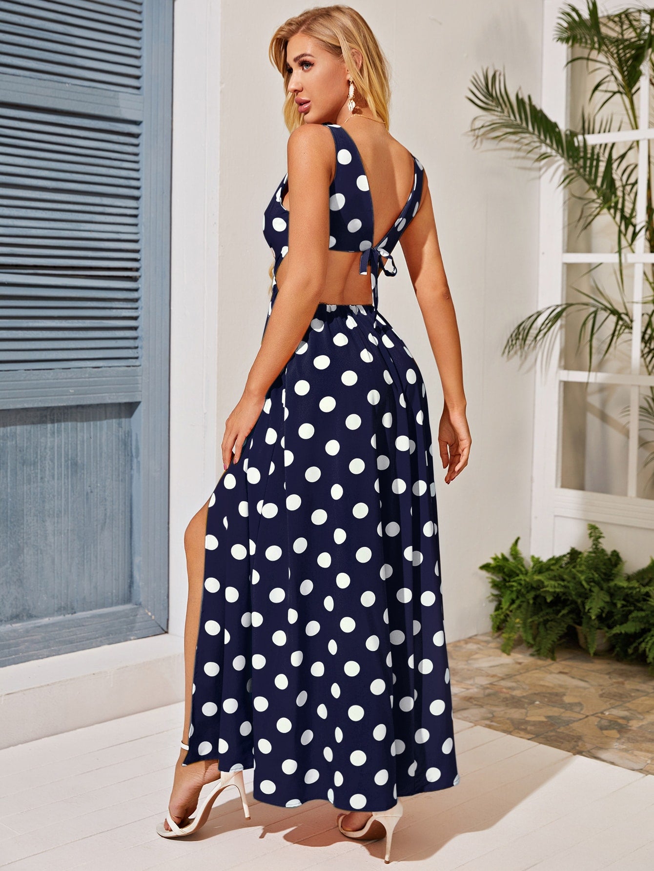 Polka Dot Tie Back Split Thigh A-line Dress