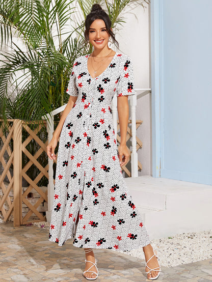 Dalmatian & Floral Print Button Front Dress