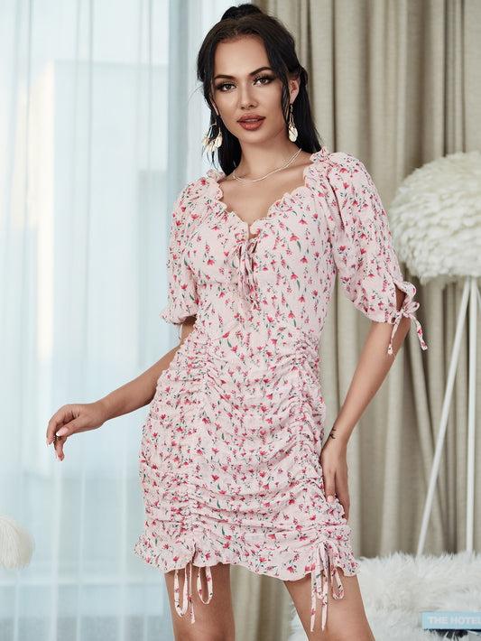 Ditsy Floral Drawstring Ruched Milkmaid Dress