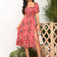 Floral Print Split Thigh Shirred Bodice Dress