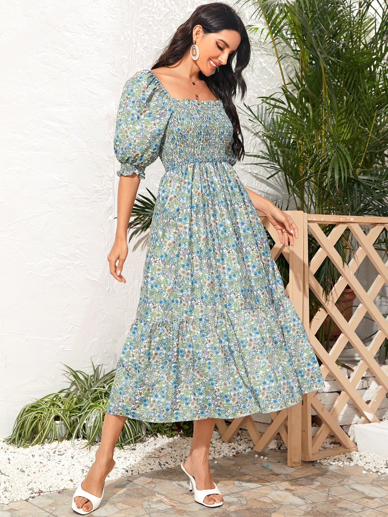 Ditsy Floral Shirred Bodice Dress