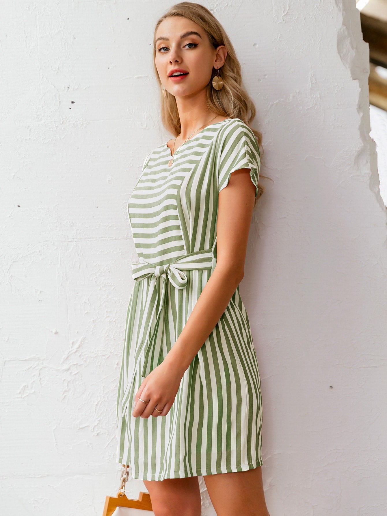 Button Back Belted Striped Dress