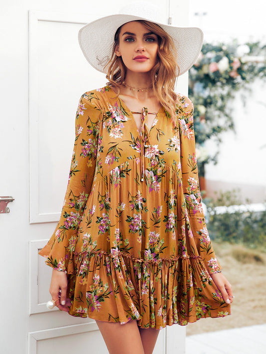 Tie Front Flounce Sleeve Ruffle Hem Floral Dress