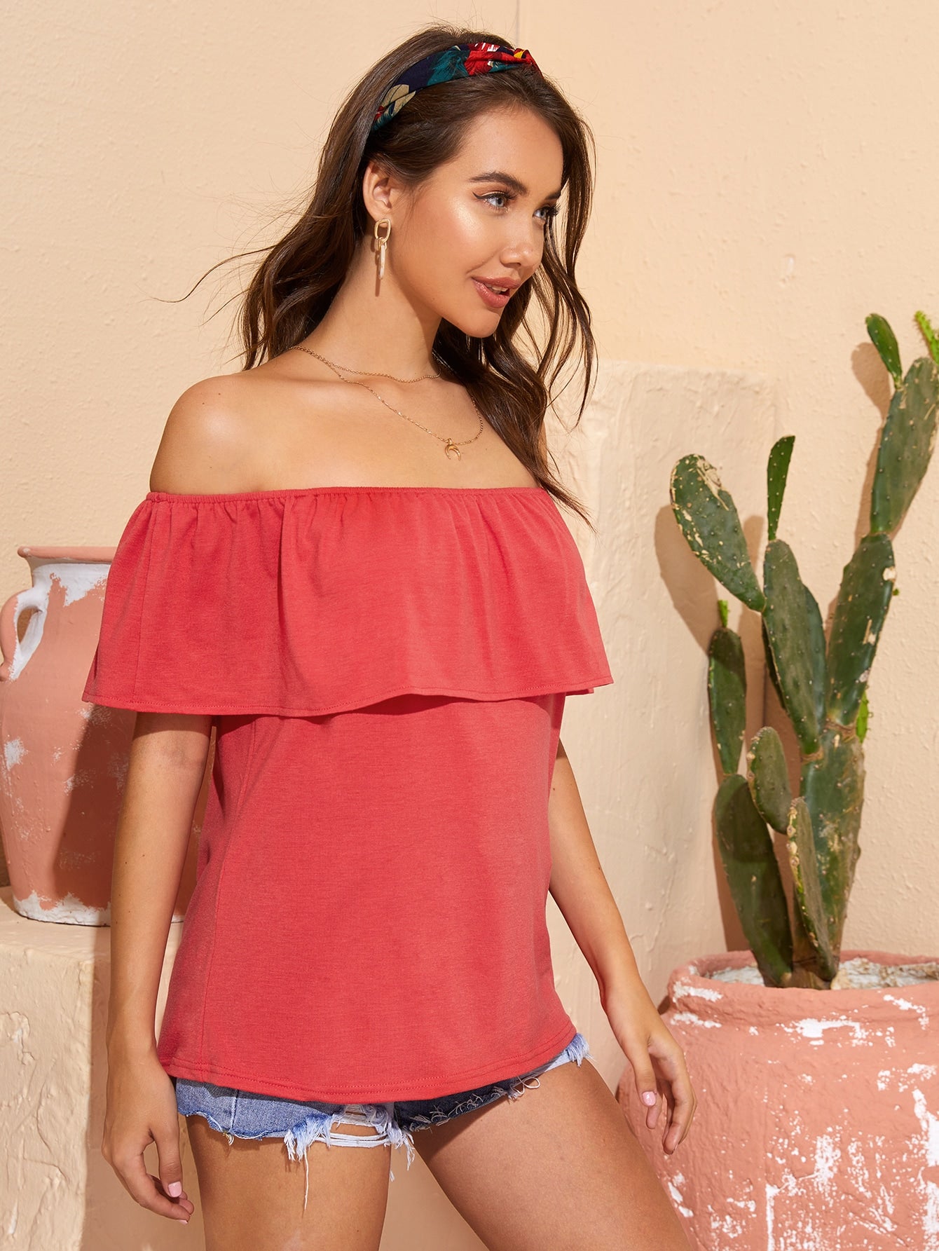 Solid Foldover Off The Shoulder Tee