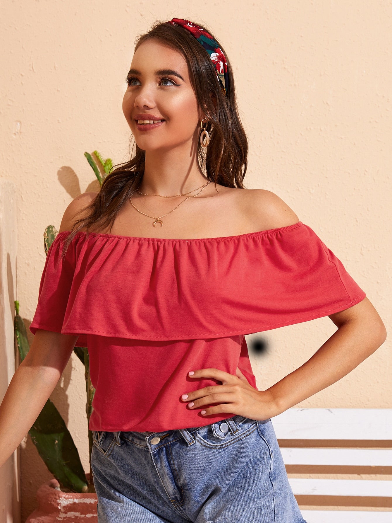 Solid Foldover Off The Shoulder Tee
