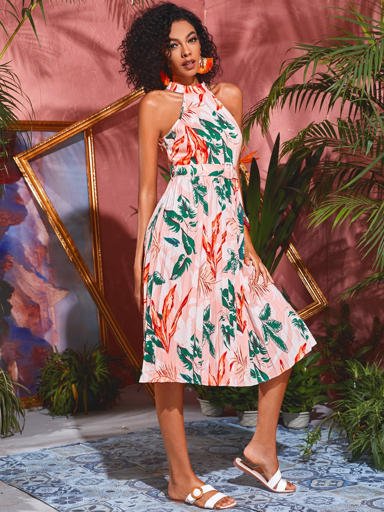 Tropical Print Pleated Hem Belted Halter Dress