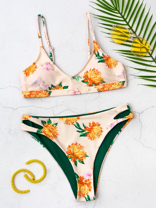 Floral Print Cut-out Side Bikini Swimsuit