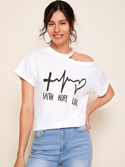 Asymmetrical Neck Letter Graphic Tee