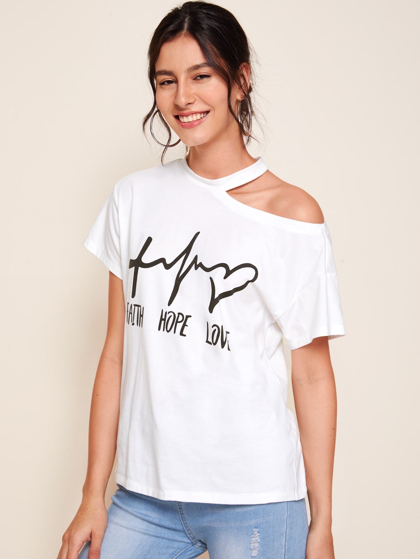 Asymmetrical Neck Letter Graphic Tee