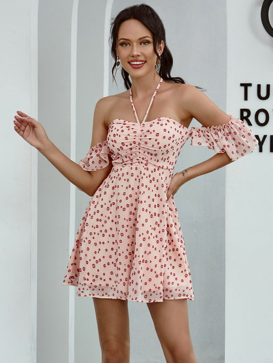 Ruched Front All Over Print Halter Dress