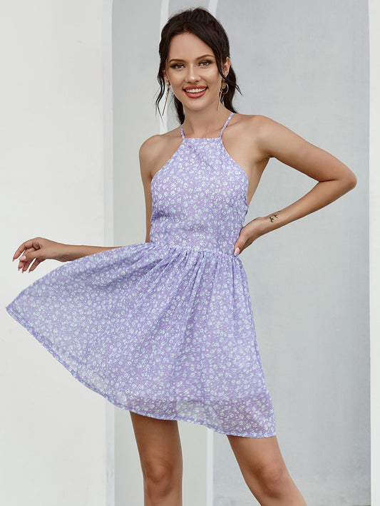 Cut Out Back Ditsy Floral Halter Dress