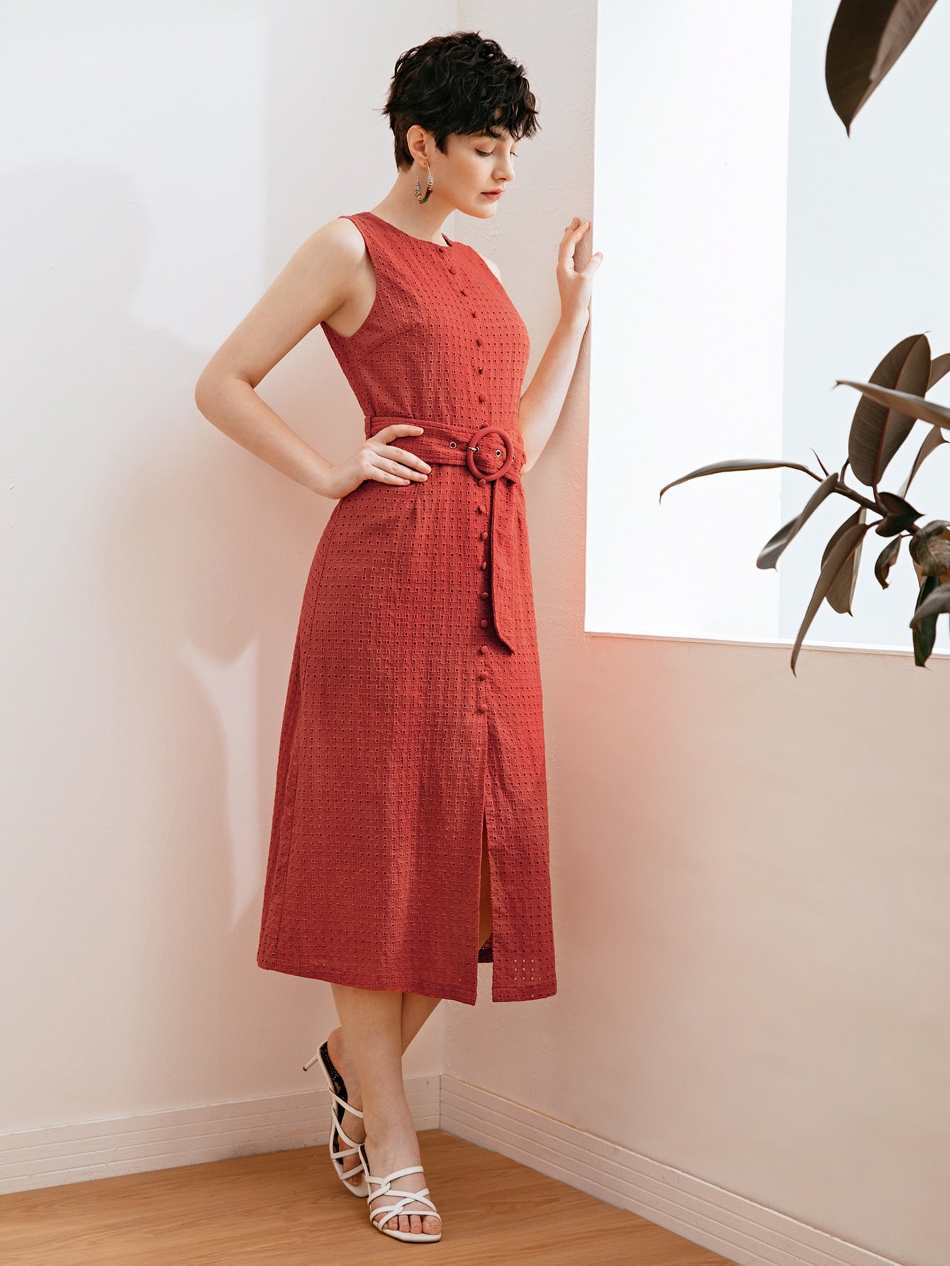 Button Front Buckle Belted Schiffy Dress