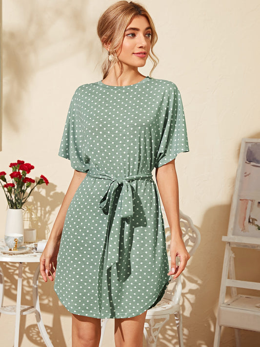 Polka Dot Curved Hem Belted Dress