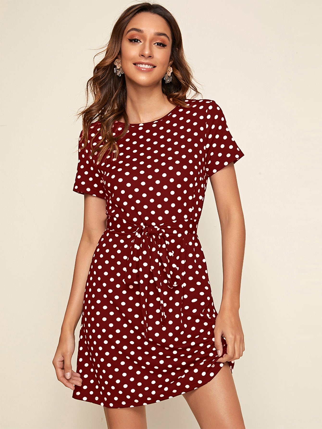 Polka-dot Print Belted Dress
