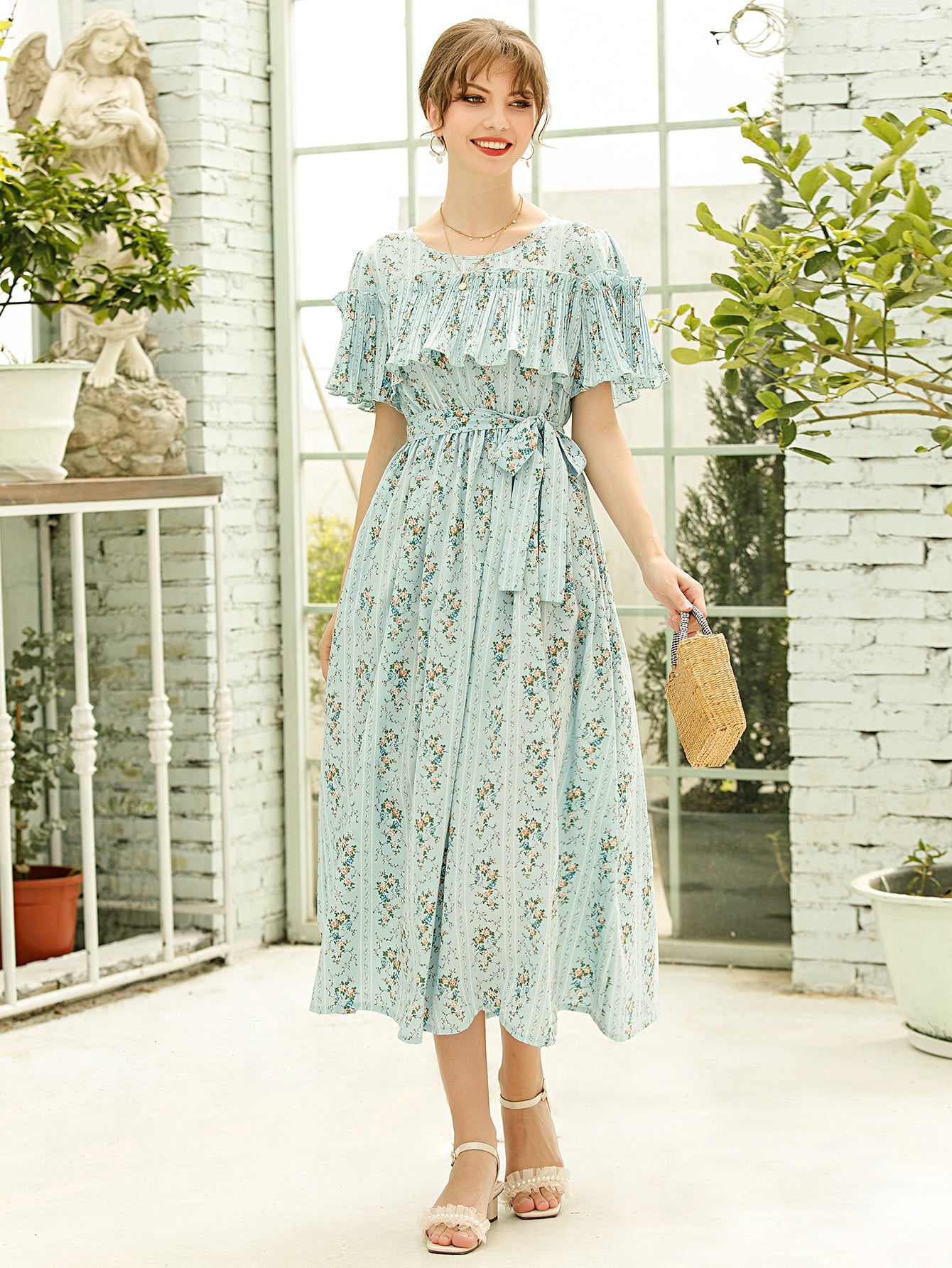 Plicated Ruffle Self Tie Ditsy Floral Dress