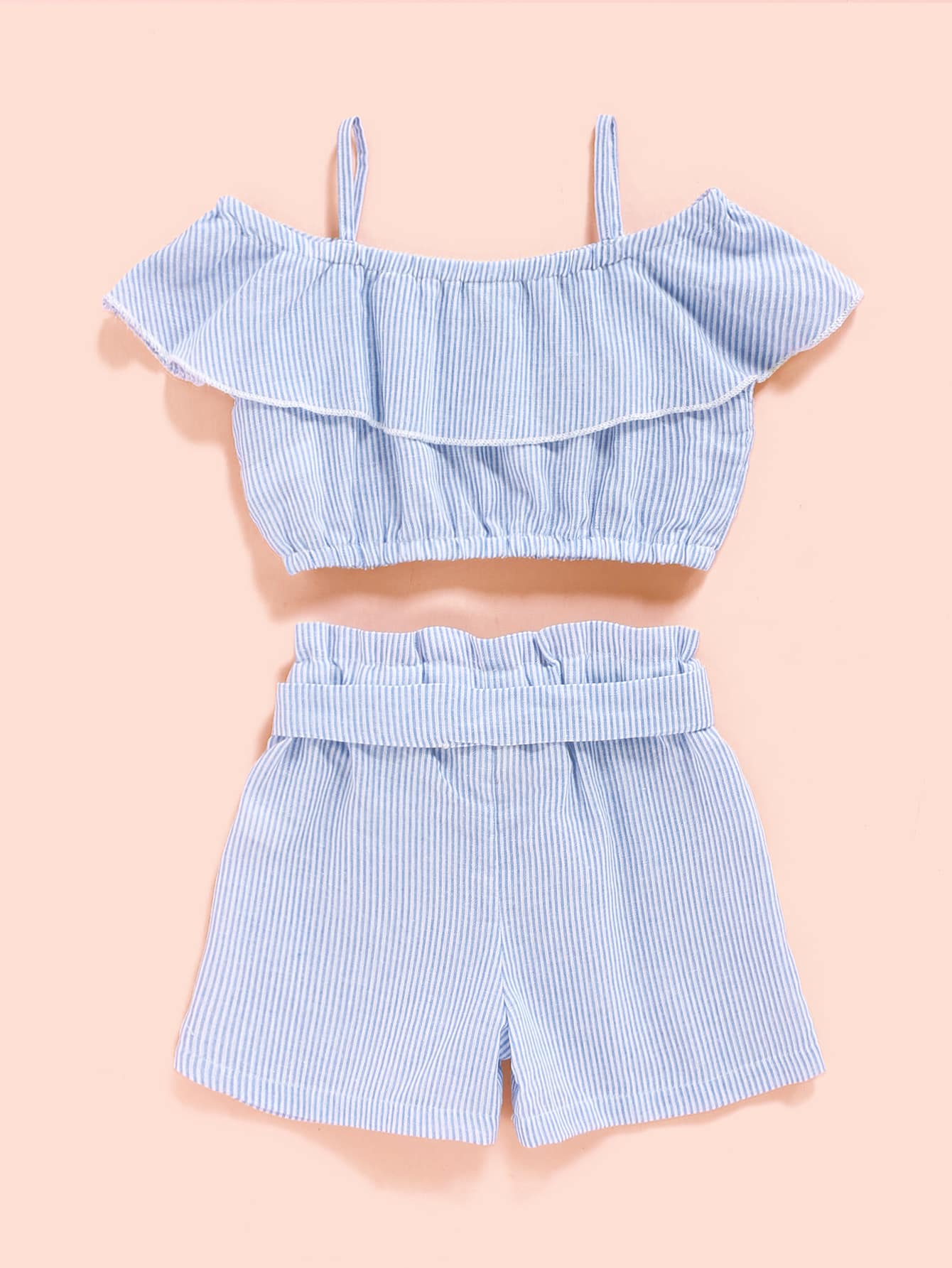 Baby Girl Pin Striped Cold Shoulder Top & Shorts