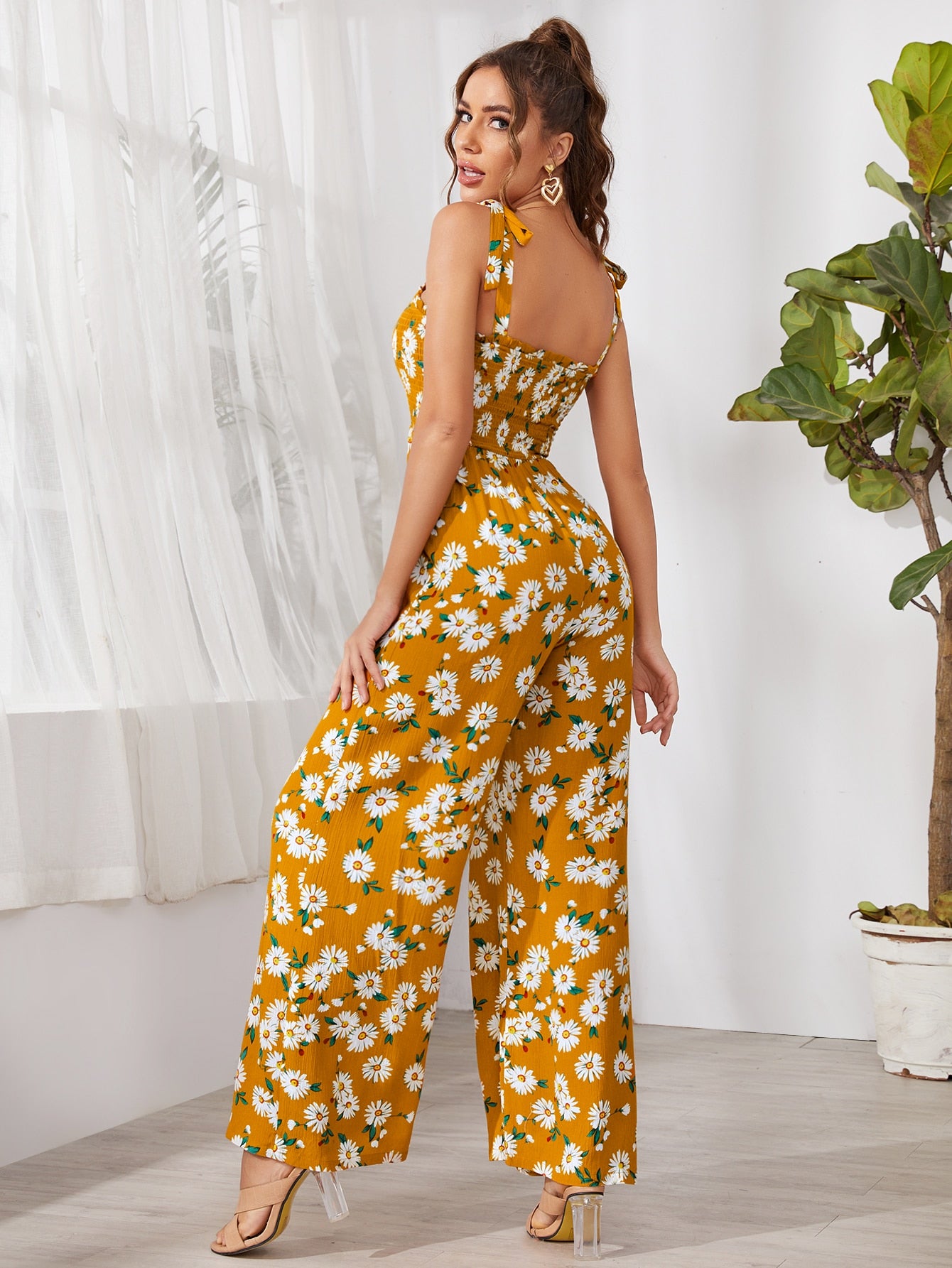 Knot Shoulder Shirred Bodice Daisy Floral Palazzo Jumpsuit
