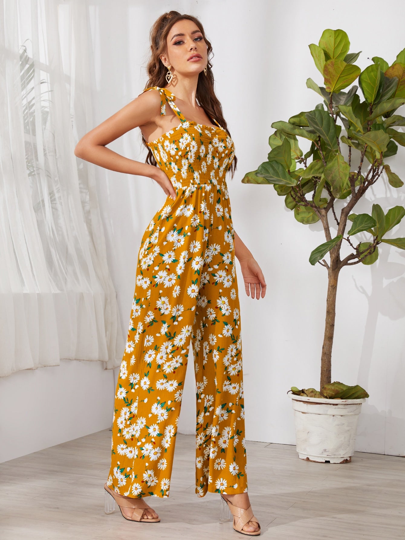 Knot Shoulder Shirred Bodice Daisy Floral Palazzo Jumpsuit