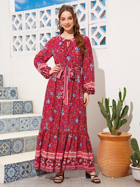Floral & Tribal Print Tie Neck Belted Dress