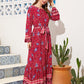 Floral & Tribal Print Tie Neck Belted Dress