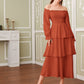 Off Shoulder Frill Trim Shirred Layered Dress