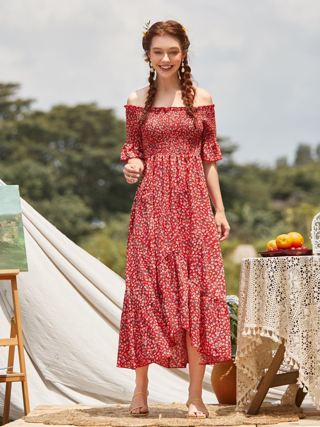 Ditsy Floral Ruffle Hem Shirred Bardot Dress Amy's Cart Ditsy Floral Ruffle Hem Shirred Bardot Dress Amy's Cart