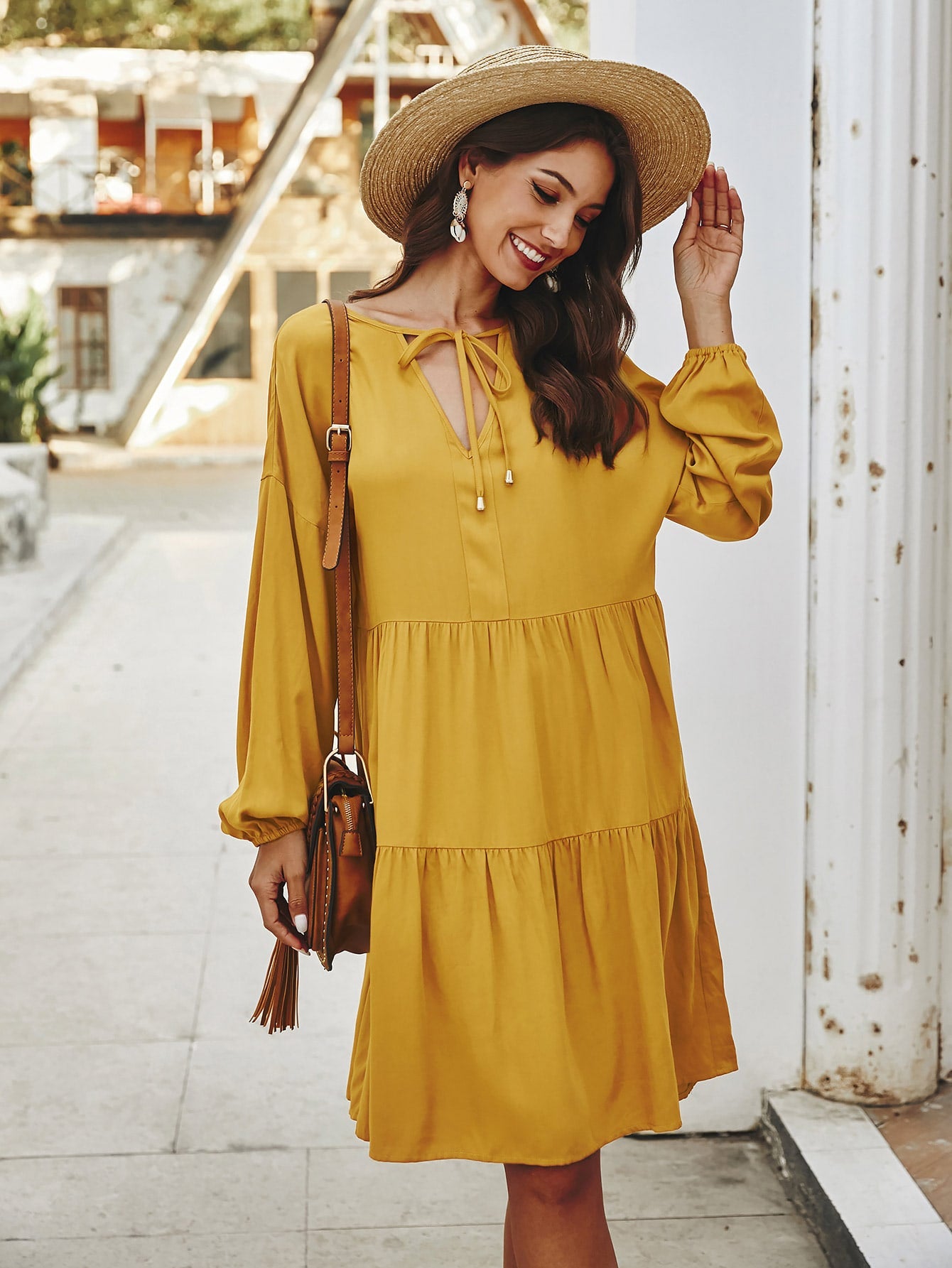 Tie Neck Ruffle Hem Smock Dress