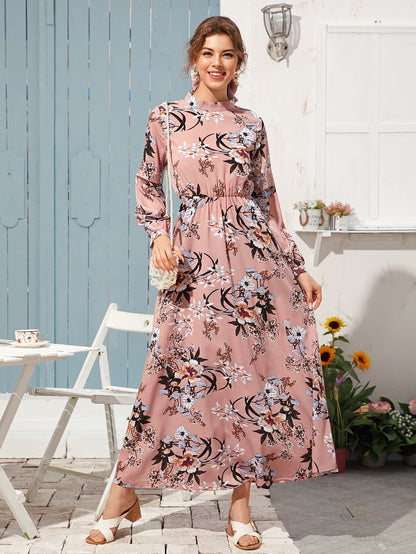 Mock Neck Floral Print A-line Dress