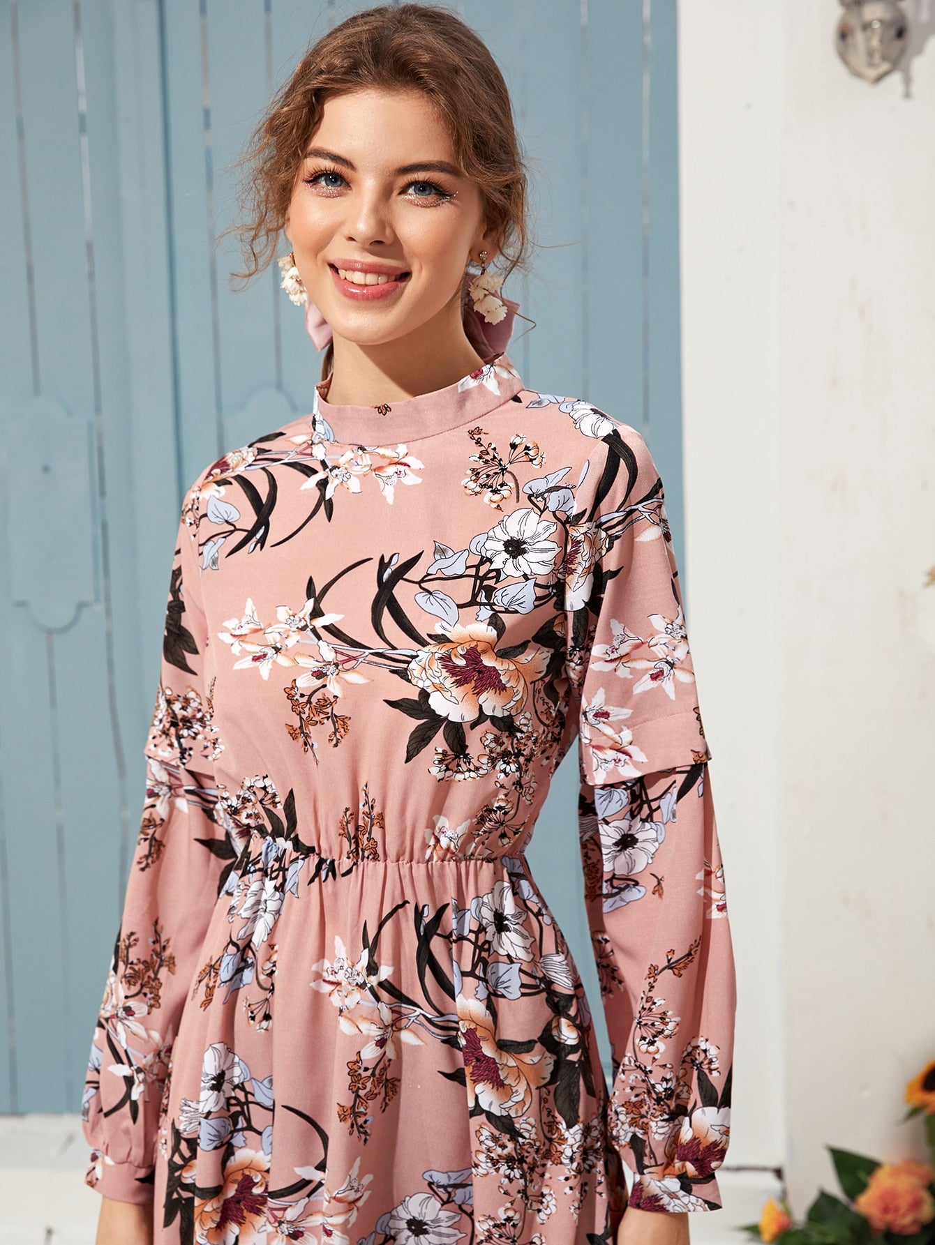 Mock Neck Floral Print A-line Dress