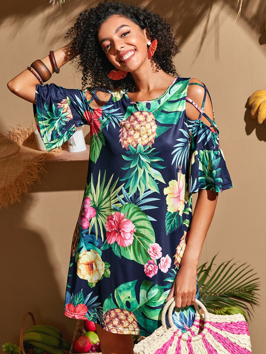 Tropical & Pineapple Print Cold Shoulder Tee Dress