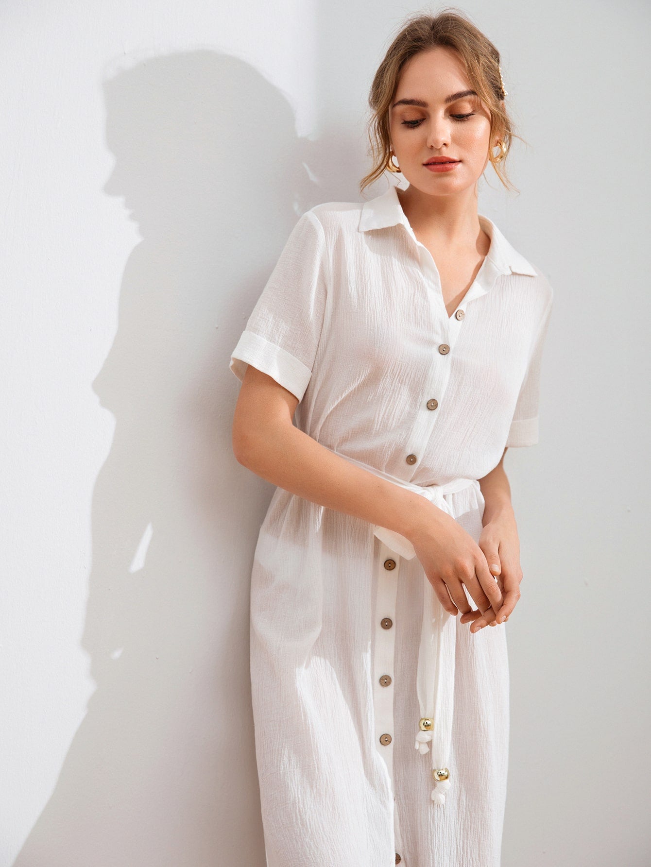 Button Front Belted Shirt Dress