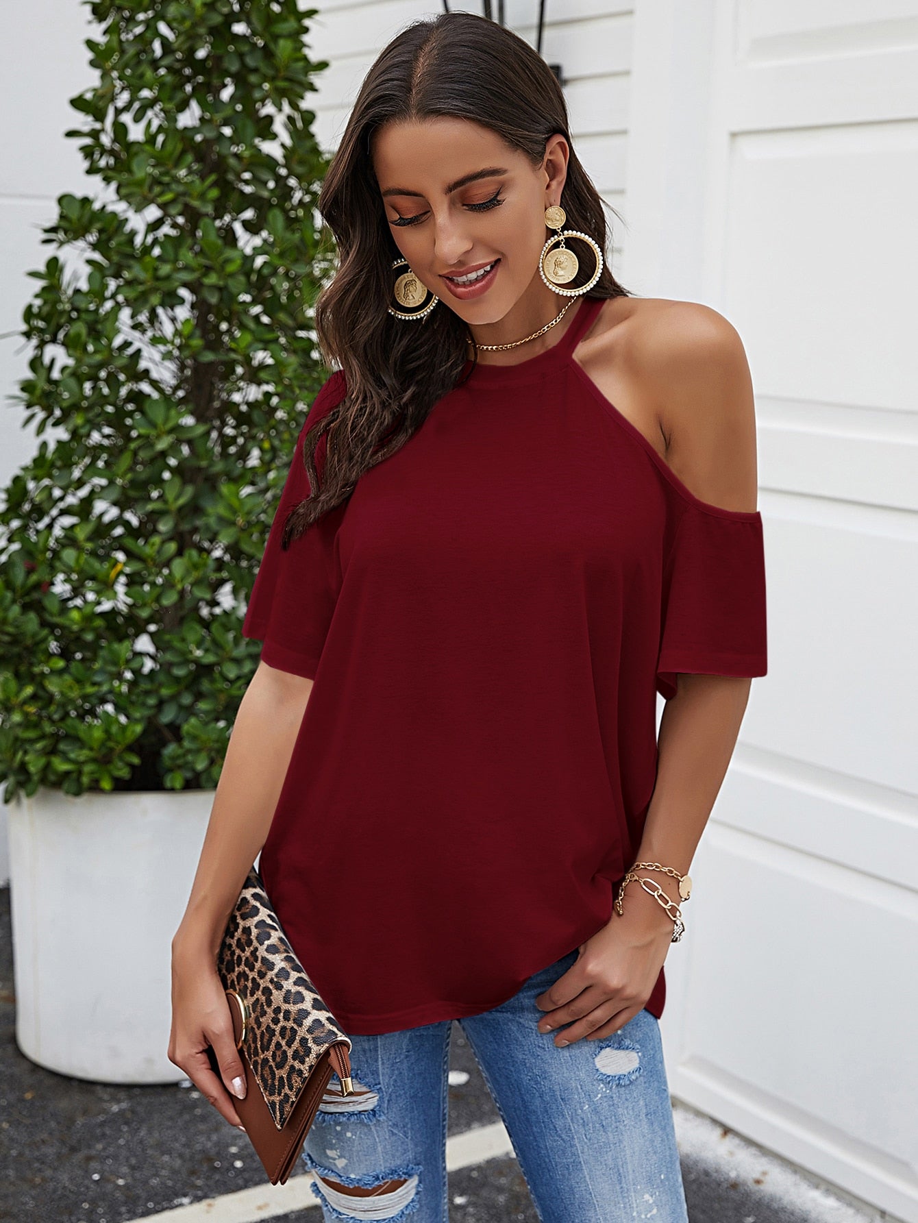 Asymmetric Neck Solid Tee