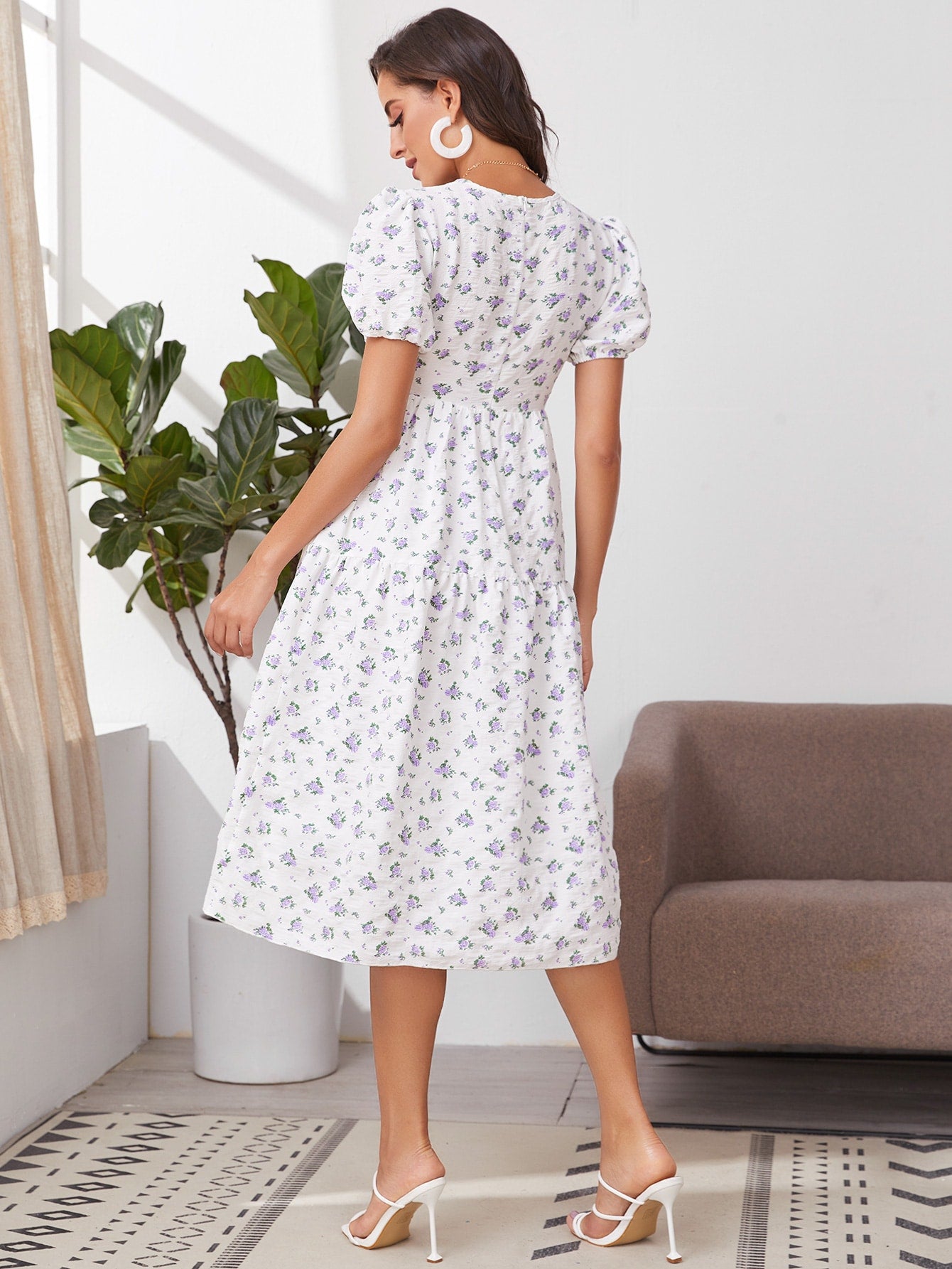 Puff Sleeve Ditsy Floral Dress
