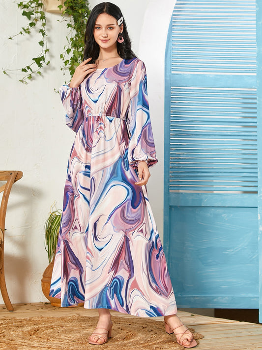 Bishop Sleeve Marble Print Maxi A-line Dress