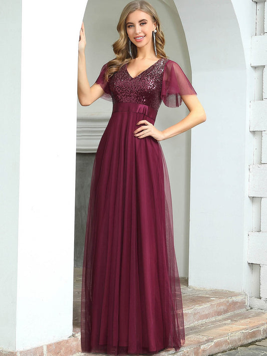 Zip Back Contrast Sequin Mesh Prom Dress